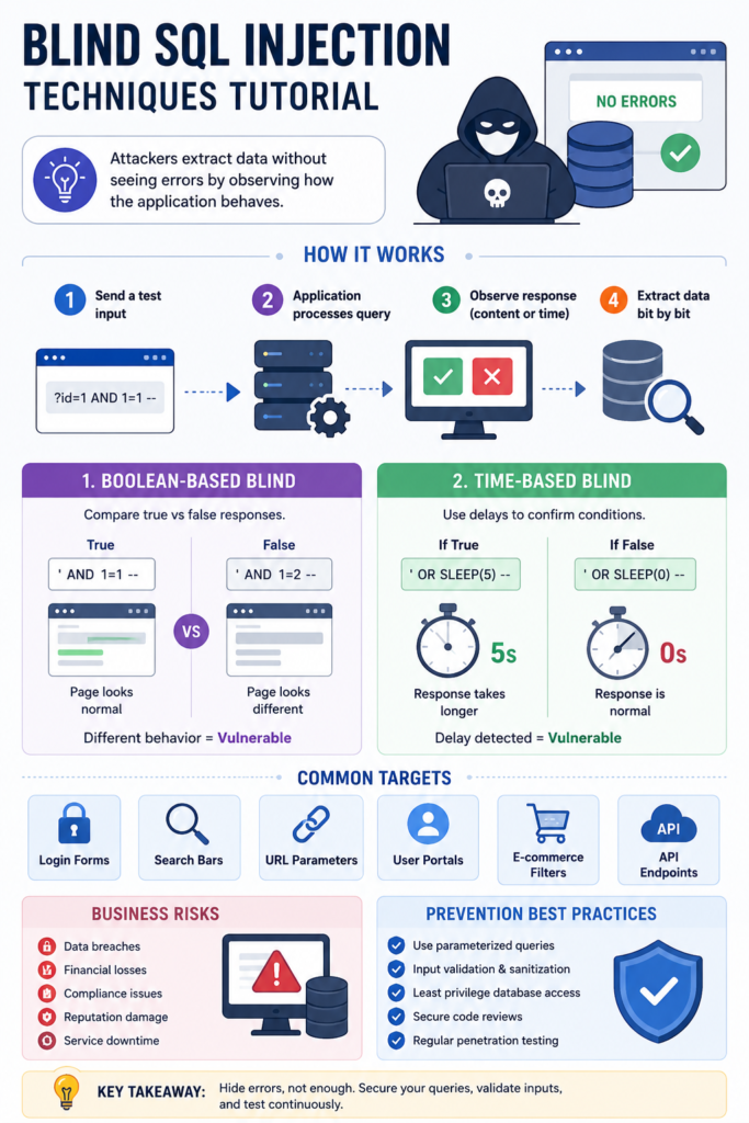 Infographic overview of Boolean and Time-based blind SQL injection techniques tutorial steps and prevention. 
