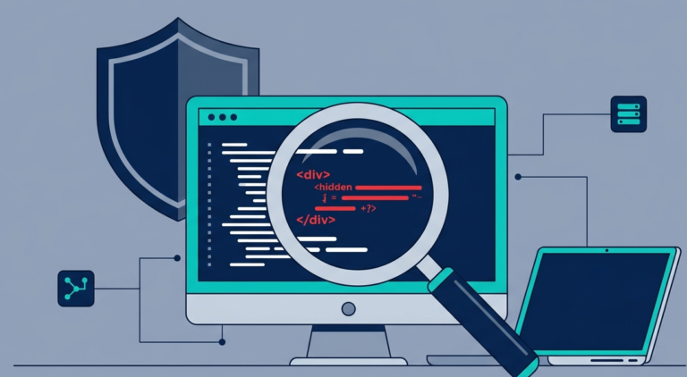 A magnifying glass inspecting code on a monitor while testing for SQL injection vulnerabilities to find hidden flaws. 