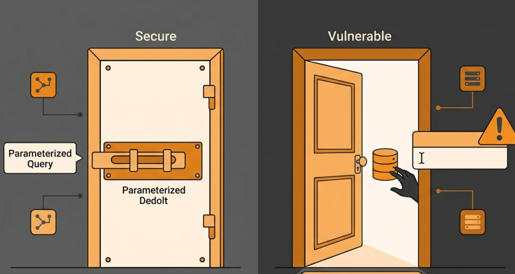 A comparison of secure parameterized queries versus a vulnerable open door when testing for SQL injection vulnerabilities. 