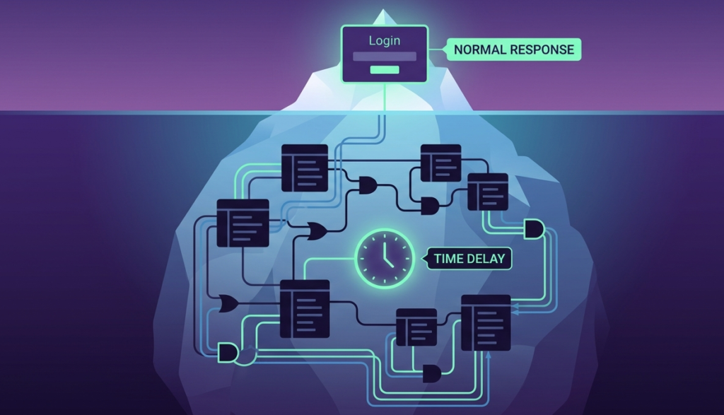 An iceberg metaphor showing hidden database logic and time delays when testing for SQL injection vulnerabilities. 