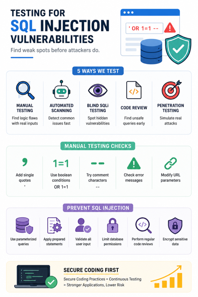 Infographic showing 5 ways and manual checks when testing for SQL injection vulnerabilities and prevention tips. 