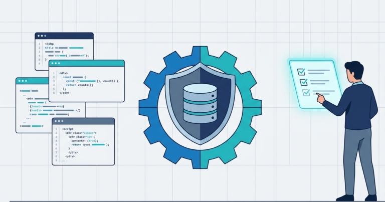 Developer reviewing application security layers and SQL injection mitigation strategies code in a flat vector. 