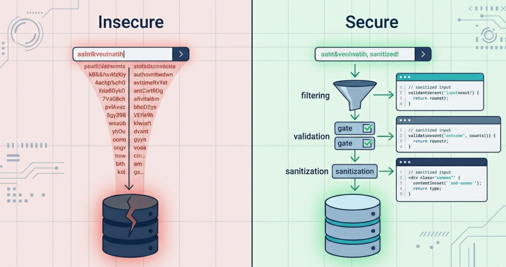 Comparison of insecure vs secure data flows using SQL injection mitigation strategies code and validation. 