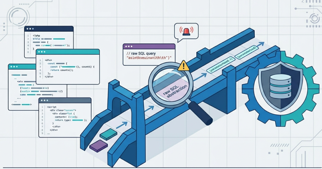 Conceptual bridge showing ORM and abstraction as SQL injection mitigation strategies code for database safety. 