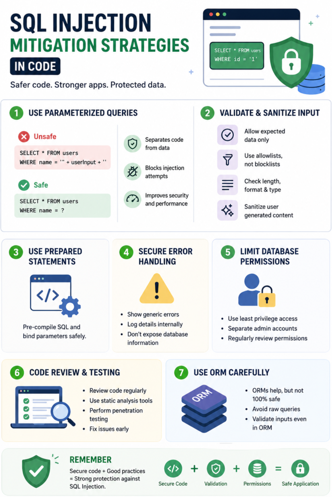 Infographic showing 7 key SQL injection mitigation strategies code for safer database queries. 