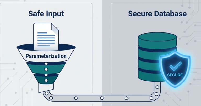 Funnel labeled parameterization filtering safe input. Parameterized queries prevent SQL injection for a secure database.