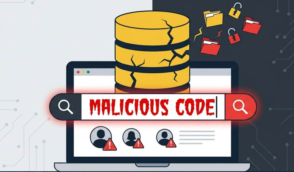 Laptop with "Malicious Code" search bar and a cracked database. Parameterized queries prevent SQL injection attacks.