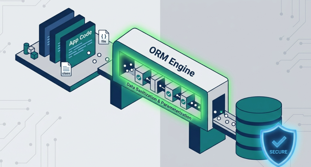 Diagram showing an ORM engine using parameterized queries prevent SQL injection by sanitizing app code for the database.