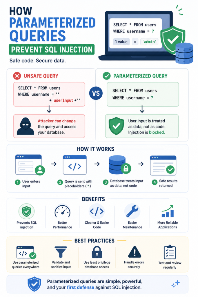 Infographic showing how parameterized queries prevent SQL injection by treating user input as data, not code.