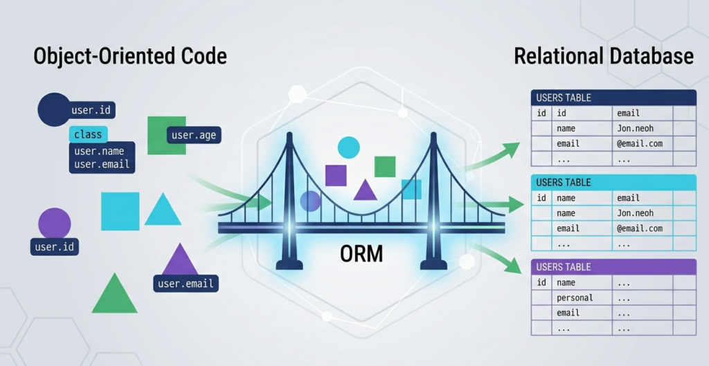 A conceptual bridge illustration showing how an ORM sql injection protection guide connects code to databases. 