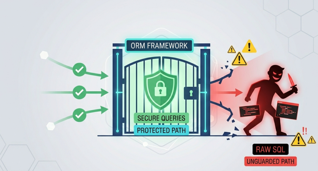 Graphic of a secure gate blocking a hacker, illustrating an ORM sql injection protection guide in action. 