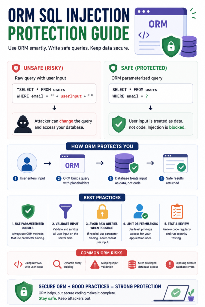 Infographic showing best practices and a comparison of unsafe vs. safe queries for an ORM sql injection protection guide. 