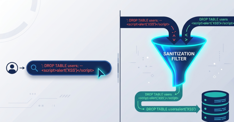 Illustration of sanitization filter showing the importance of escaping user input SQL correctly for databases.