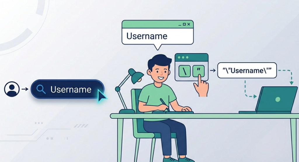 Character at a desk adding backslashes, a visual metaphor for escaping user input SQL correctly.