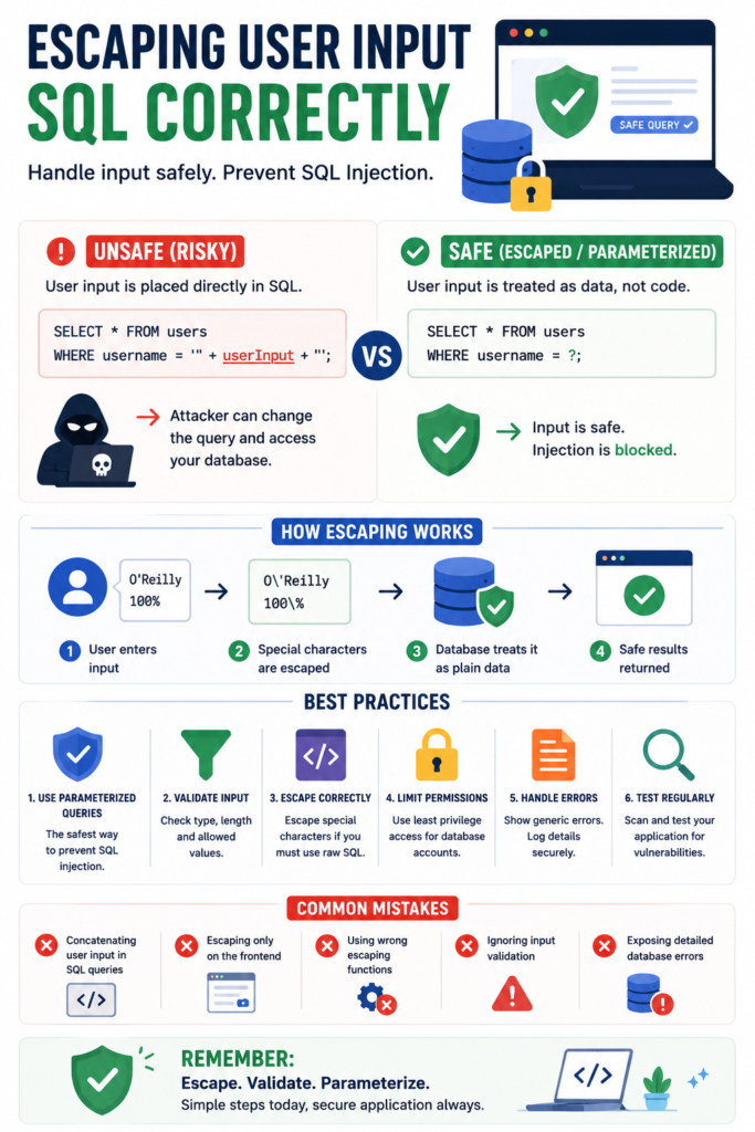 Infographic showing best practices for escaping user input SQL correctly to prevent injection attacks.