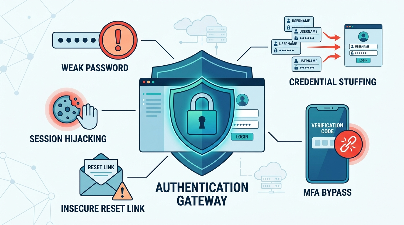 A diagram mapping Common Broken Authentication Vulnerabilities including weak passwords, session hijacking, and MFA 
