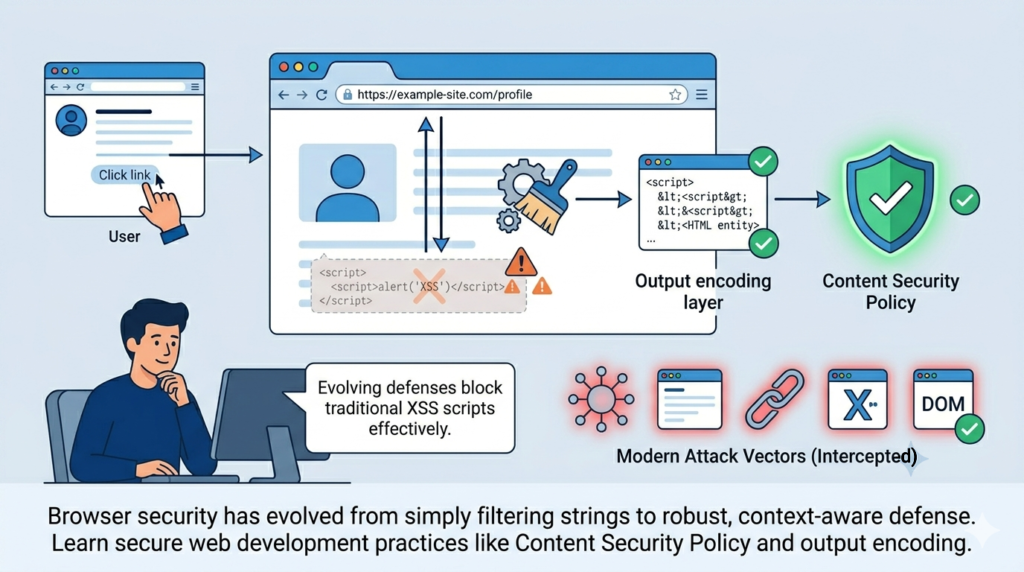 Diagram showing stored vs reflected XSS difference with output encoding and Content Security Policy defenses.