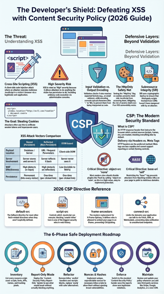 Infographic showing stored vs reflected XSS difference with CSP directives and 6-phase deployment roadmap.
