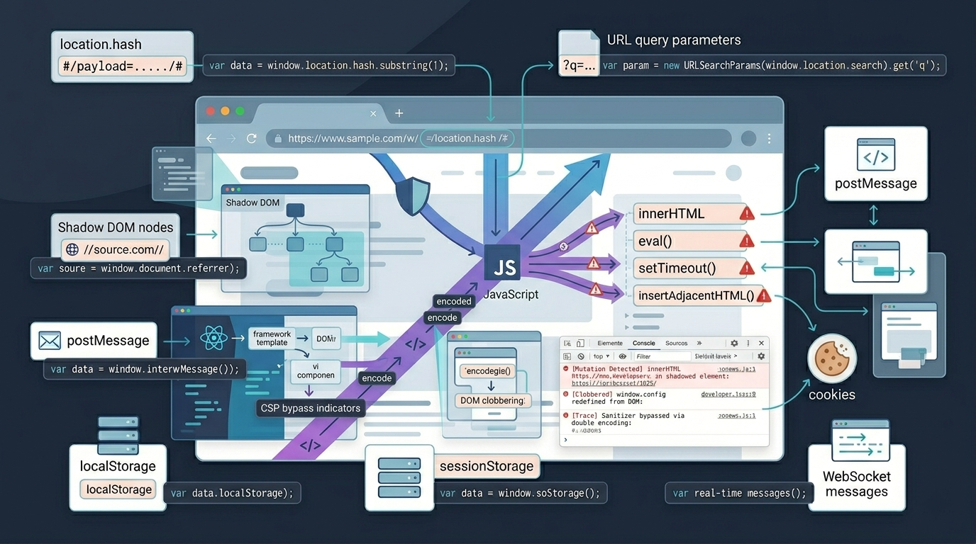 An advanced source-to-sink map exposing DOM based XSS attack vectors including Shadow DOM nodes, CSP bypass, and DOM clobbering.