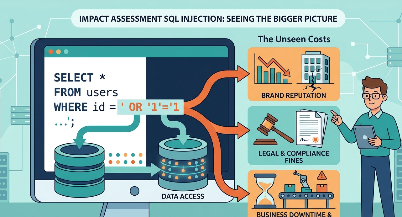 Vector graphic showing a security analyst evaluating an impact assessment sql injection on a dashboard. 