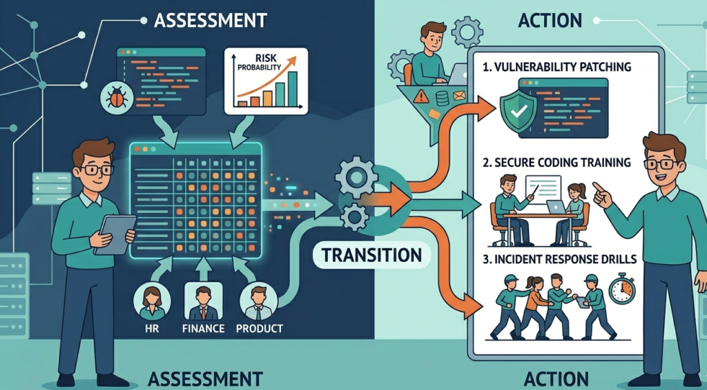 Diagrams illustrating an impact assessment sql injection transition from analysis to cybersecurity action. 