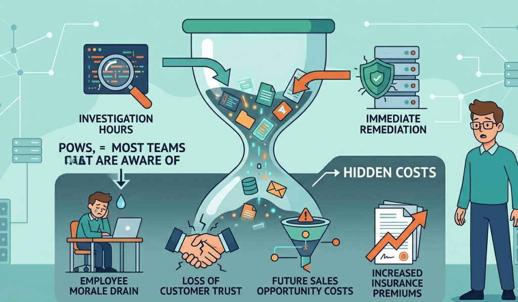 An hourglass diagram highlighting visible and hidden business risks from an impact assessment sql injection. 
