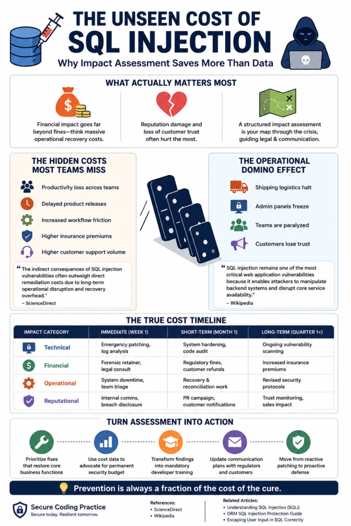 Infographic detailing the timeline and hidden costs of an impact assessment sql injection. 