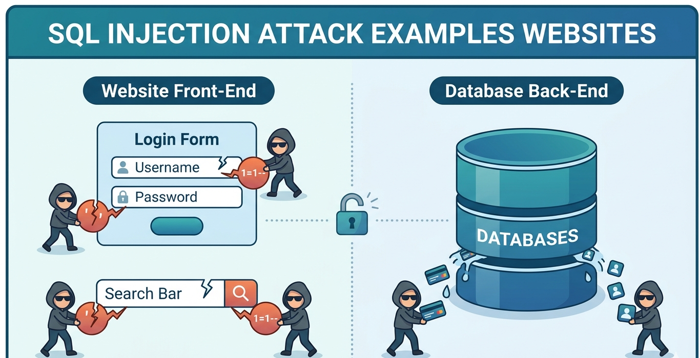 Illustration of sql injection attack examples websites where hackers exploit search bars and login forms.
