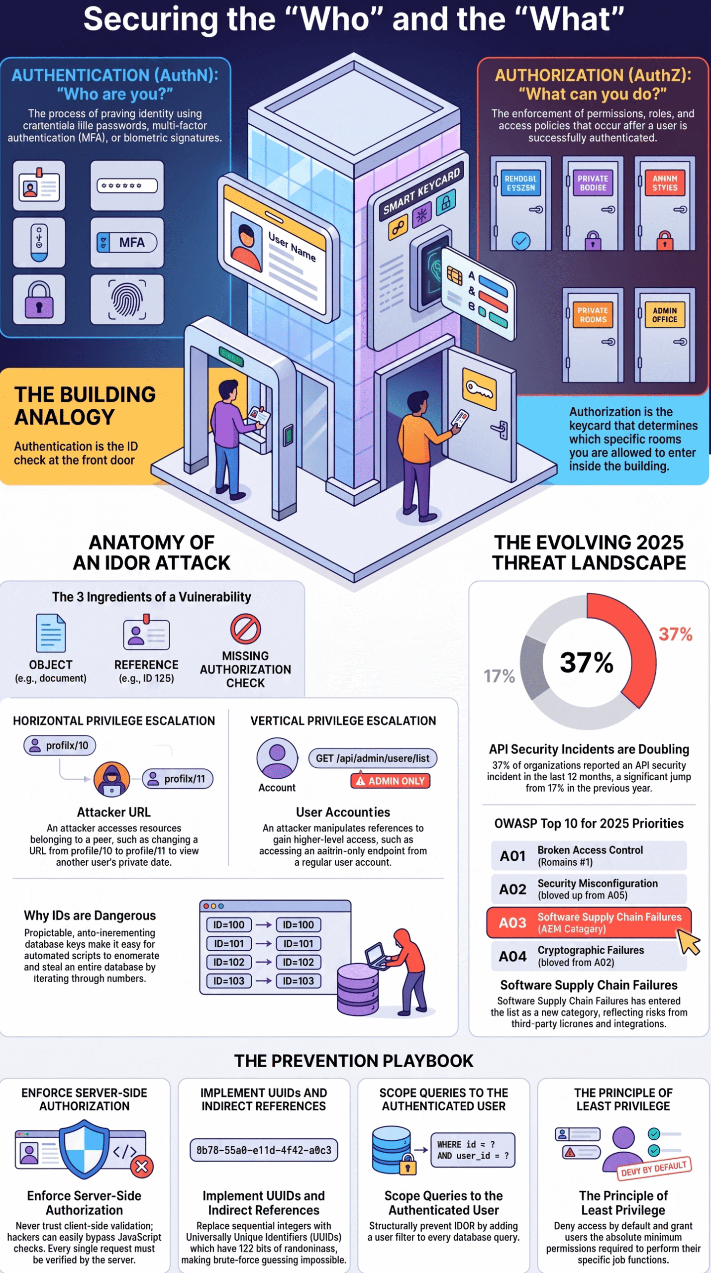 Visual breakdown of types of broken access control with authentication vs authorization and IDOR anatomy explained