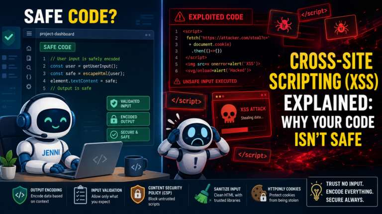 Split-screen banner showing safe vs exploited code for a Cross-Site Scripting (XSS) Explain feature.