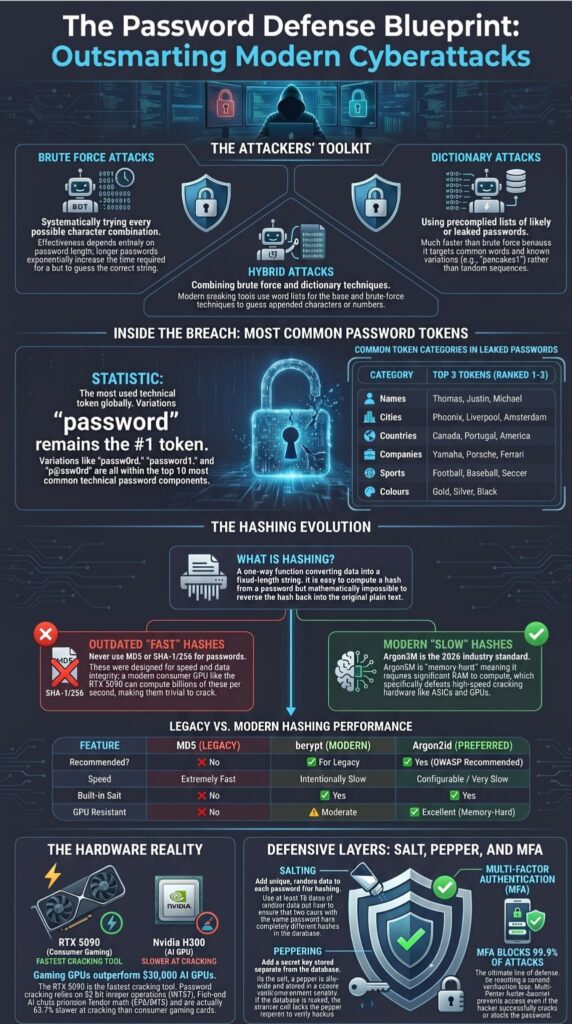 Infographic explaining insecure password storage risks examples from brute force attacks to hashing methods and defensive layers.
