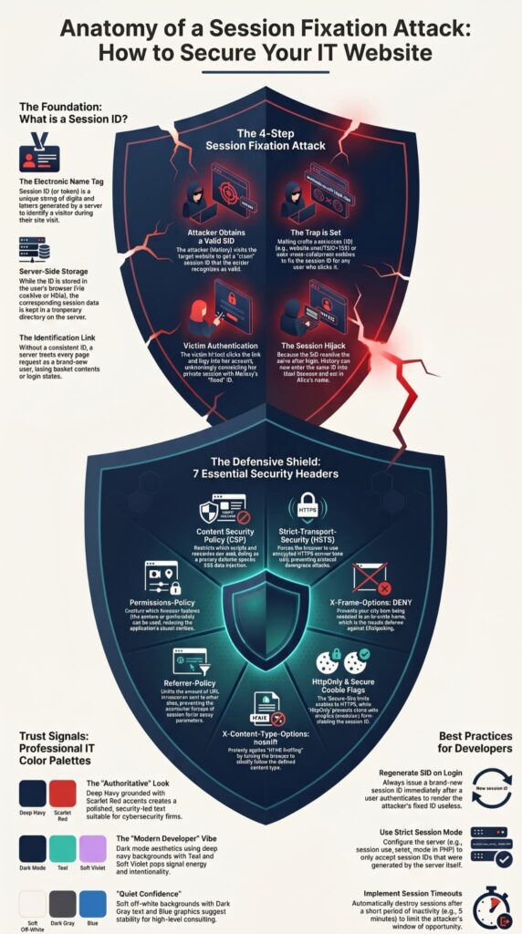Infographic covering session fixation attack explained steps including the 4-step process, security headers, and developer best practices.