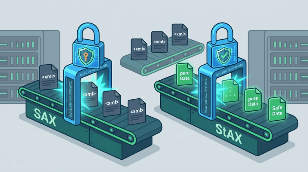 SAX and StAX conveyor belts filtering data, preventing xxe injection java .net through secure scanning.
