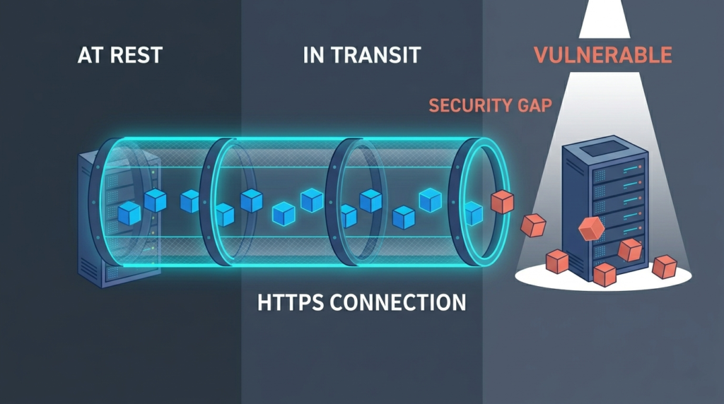 Protecting data rest transit examples shown with an HTTPS connection but a visible security gap at the destination server