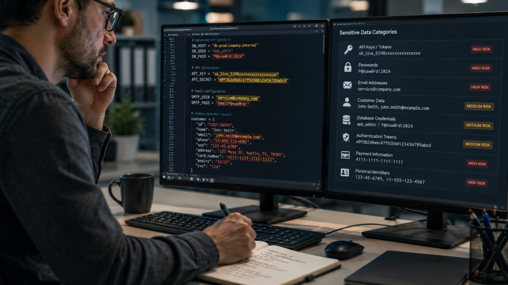 Identifying Sensitive Data Application Code as an engineer reviews sensitive records on monitors.