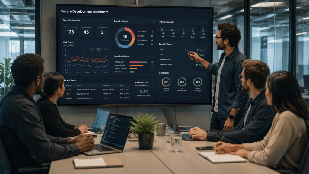Identifying Sensitive Data Application Code with a developer reviewing security alerts and code dashboards.