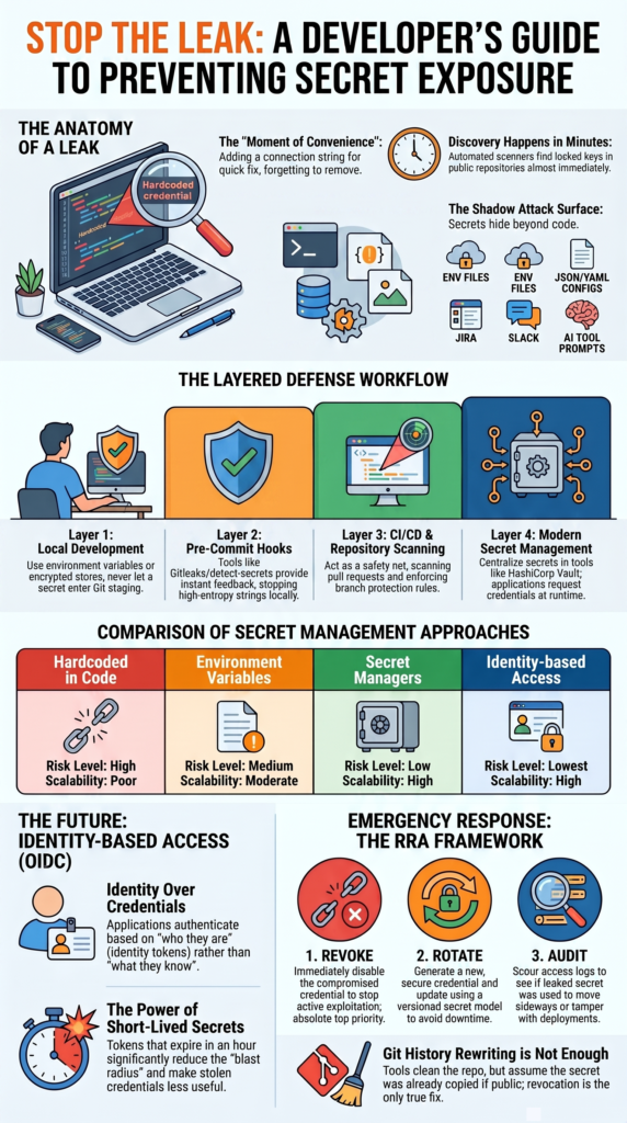 Preventing Secrets Exposure Source Code illustrated through secure development and secret management practices.