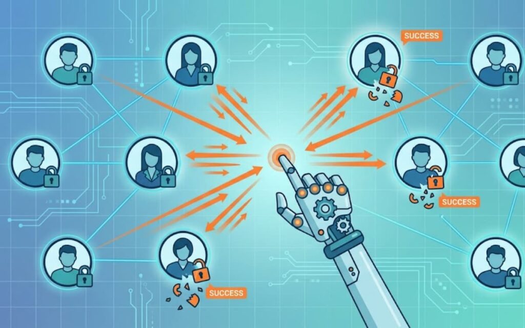 Robotic AI hand breaking user account locks, illustrating insecure password storage risks examples across multiple compromised profiles.