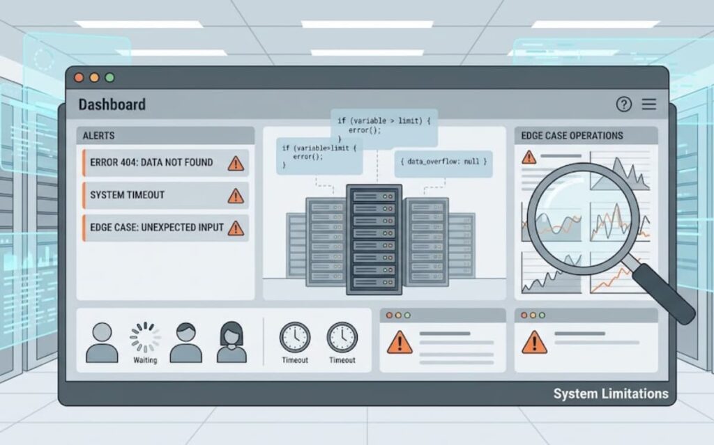 Dashboard alerts displaying insecure password storage risks examples including system timeouts, edge cases, and data overflow errors.