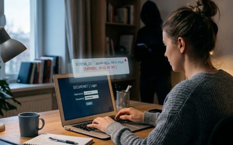 A woman logging in unaware her session ID is exposed, illustrating session fixation attack explained steps in a real-world scenario.
