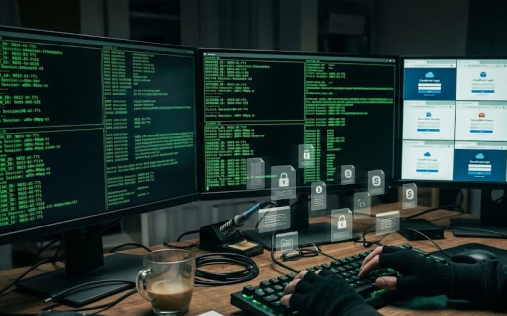 Hacker at multi-monitor setup exploiting stolen session tokens, demonstrating session fixation attack explained steps in a live breach.