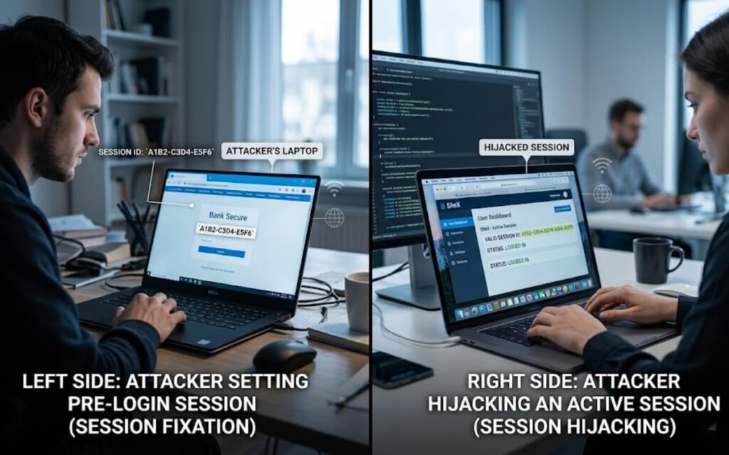 Side-by-side comparison of session fixation attack explained steps showing pre-login session setting and active session hijacking.