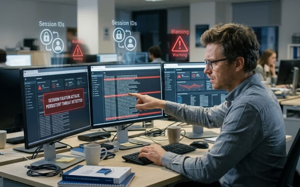 Security analyst detecting session fixation attack explained steps on dashboards with session ID warnings and persistent threat alerts.