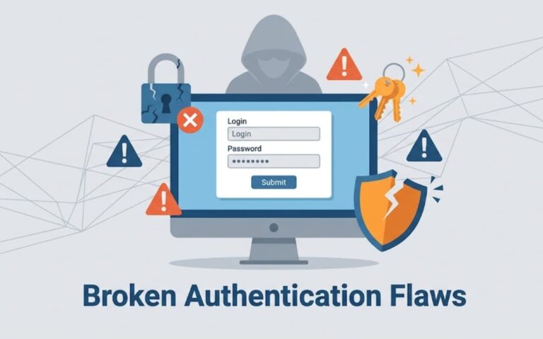 Analyzing Broken Authentication Flaws shown via hacker silhouette behind a login form with broken locks and warning icons