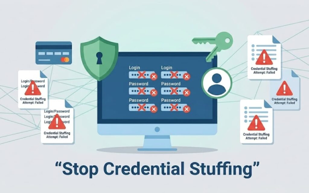 Analyzing Broken Authentication Flaws including credential stuffing with multiple failed login attempts displayed on a monitor screen.