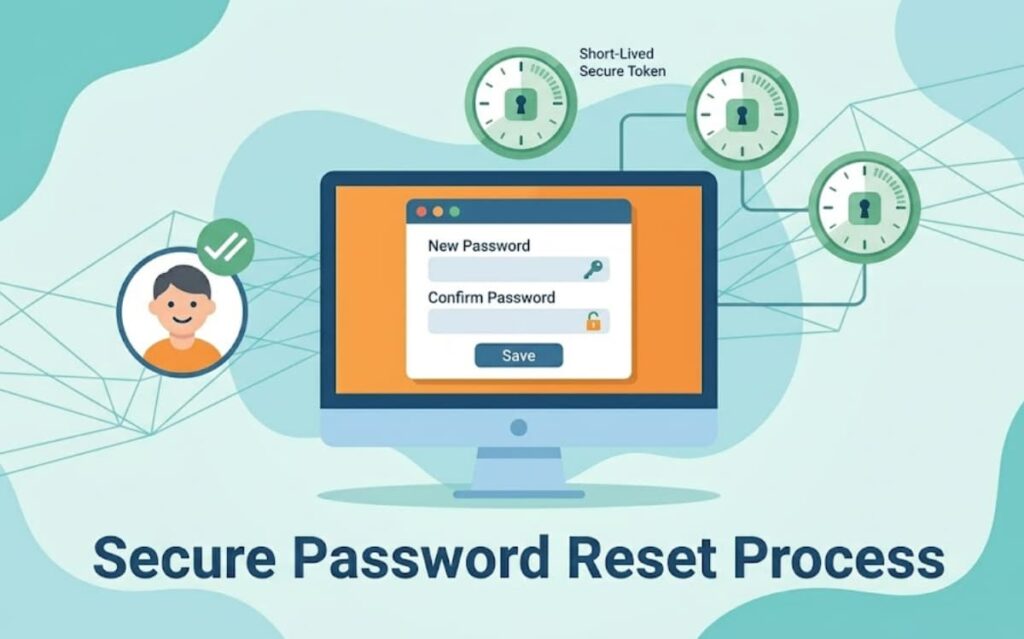 Analyzing Broken Authentication Flaws reveals secure password reset process using short-lived tokens linked to a new password form.
