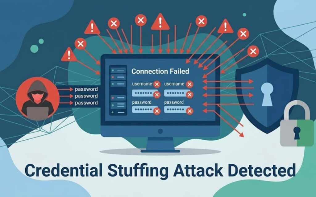Analyzing Broken Authentication Flaws such as credential stuffing attack detected through mass failed connection attempts on a system.
