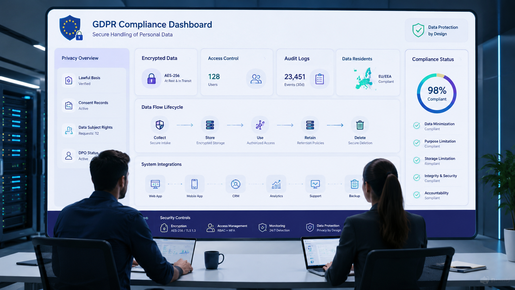 Secure Handling PII Data GDPR dashboard showing access controls, audit logs, and data protection monitoring.