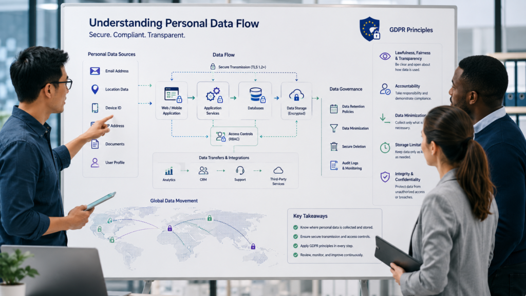 Secure Handling PII Data GDPR visualization showing personal data flow across applications and databases.